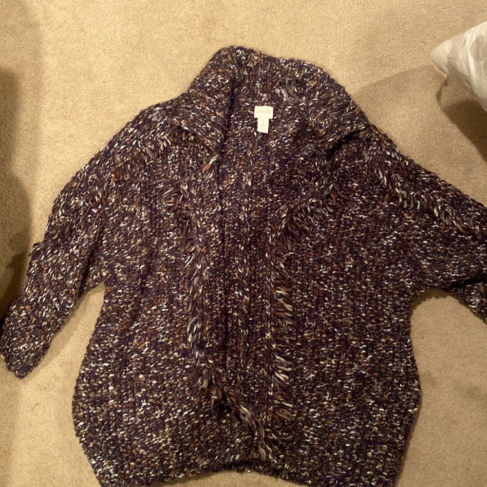 Chicos Sweater Size 2 Chunky Knit Navy Caramel Fringe Metallic Sweater Large